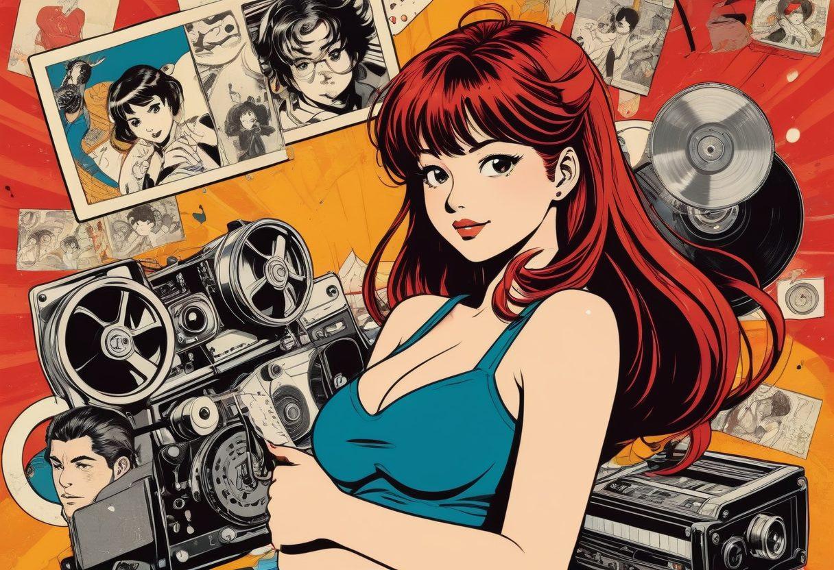 A dynamic collage showcasing the evolution of hentai from classic manga illustrations to vibrant animated scenes, featuring iconic characters in various poses, interspersed with film reels and a cinema backdrop. Include contrasting styles like hand-drawn textures and modern digital effects to emphasize the transition. The color palette should be bold and eye-catching, with playful elements like speech bubbles and hearts around the characters. retro comic art style. captivating colors. cinematic flair.