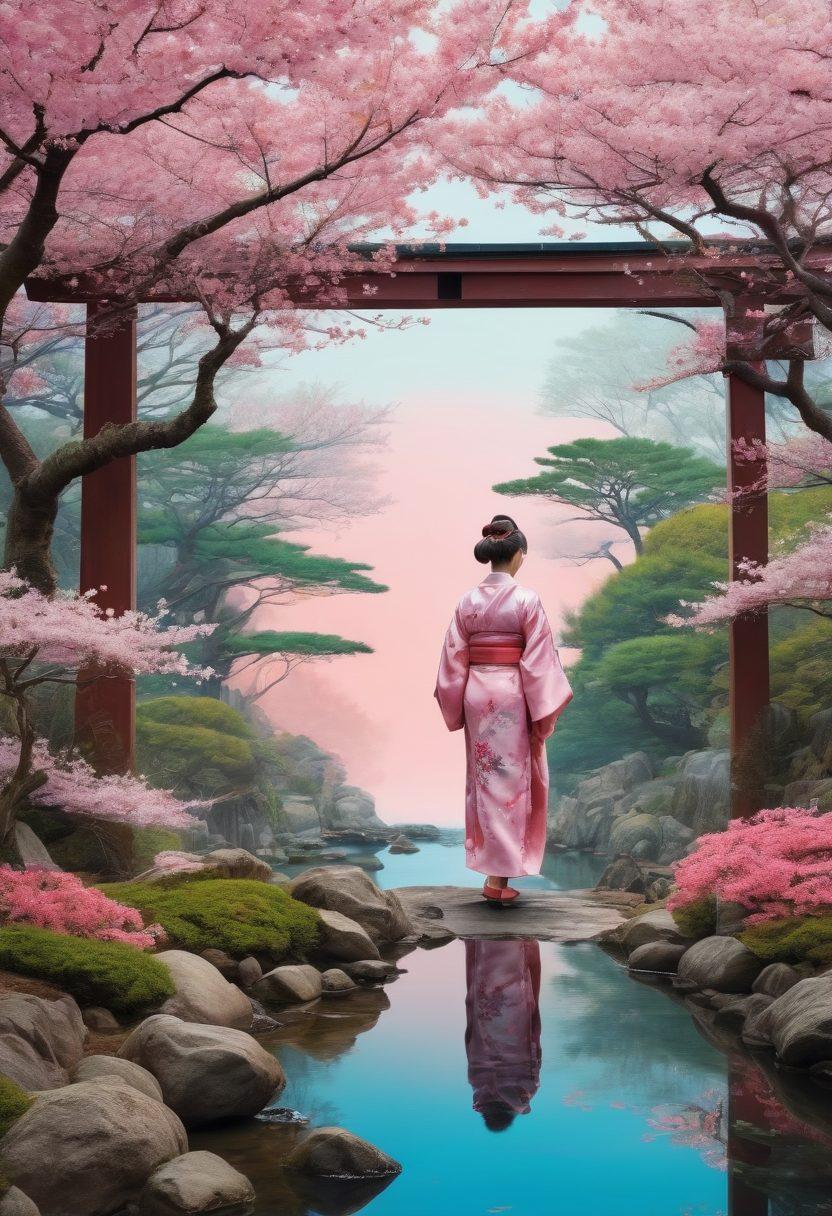 A thought-provoking collage featuring elements of traditional Japanese art blended with modern adult media symbols. Include a serene garden with cherry blossoms, juxtaposed with stylized, artistic representations of iconic adult media characters. Use vibrant colors to highlight the cultural richness and diversity of the subject. The layout should evoke curiosity while maintaining respect for the topic. super-realistic. vibrant colors. digital art.